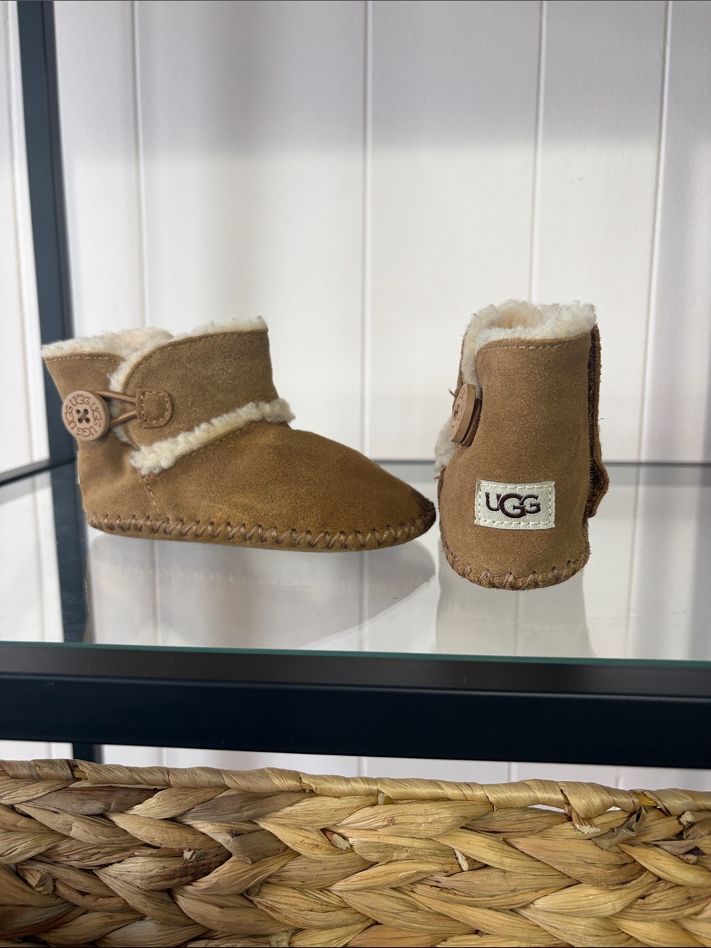 UGG Tan Suede Baby Moccasin Booties with Shearling Trim